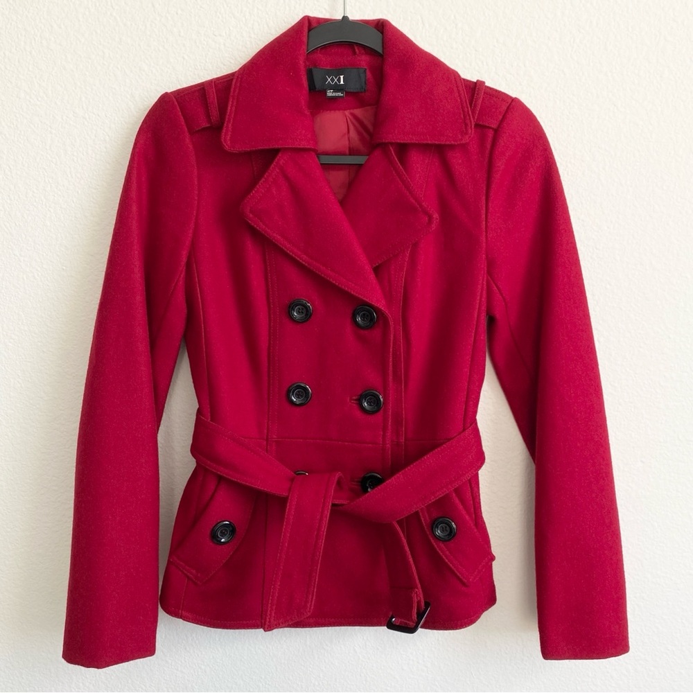 Forever 21 Women’s Red Belted Double Breasted Peacoat